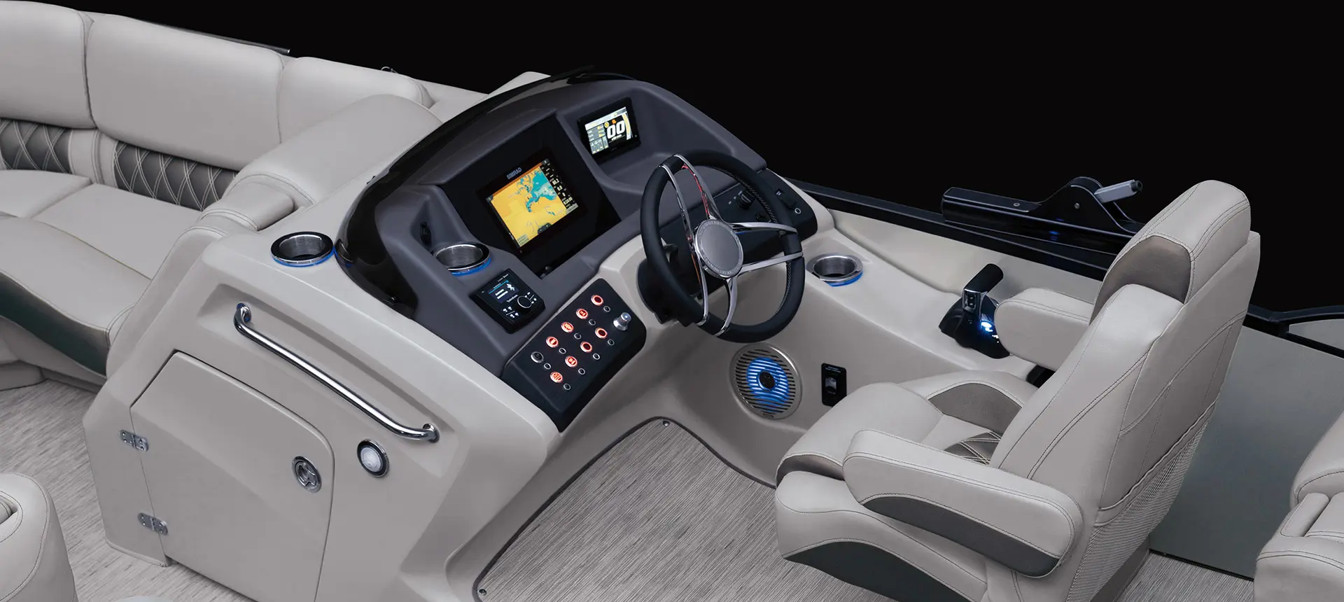 the steering console and chair on a Bennington QX pontoon