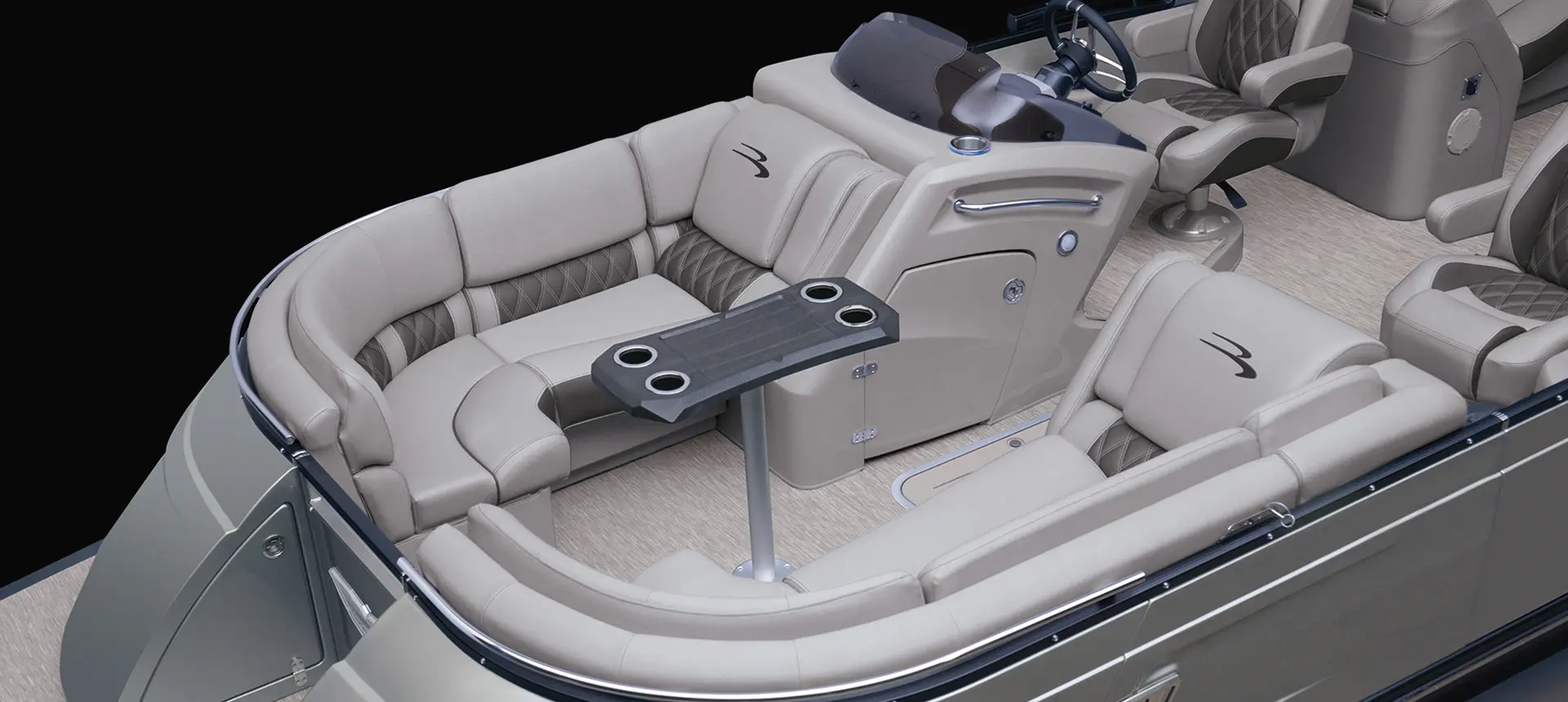 seating area and table on a Bennington QX pontoon