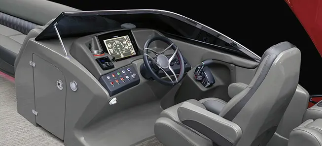 steering console and captains chair on a Bennington QX pontoon