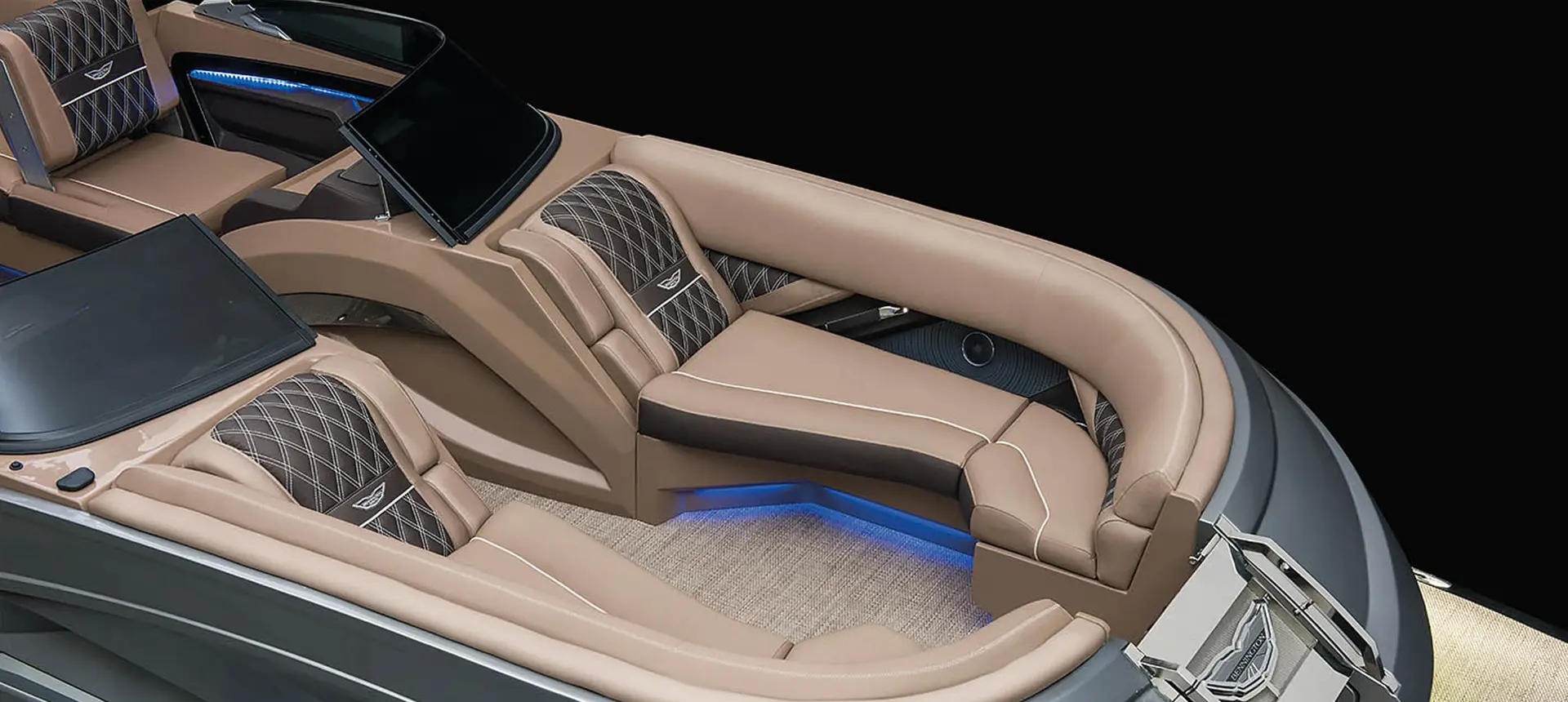 aerial view of the bow seating on a bennington qx sport pontoon boat