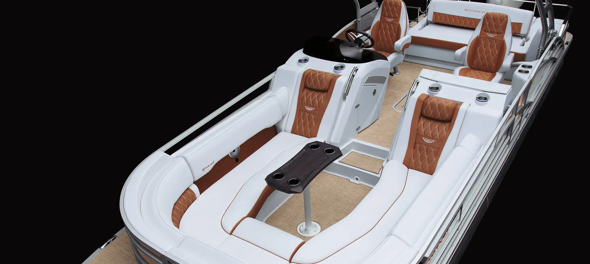 aerial view of the bow seating options on a bennington r bowrider pontoon boat with swingback floor plan