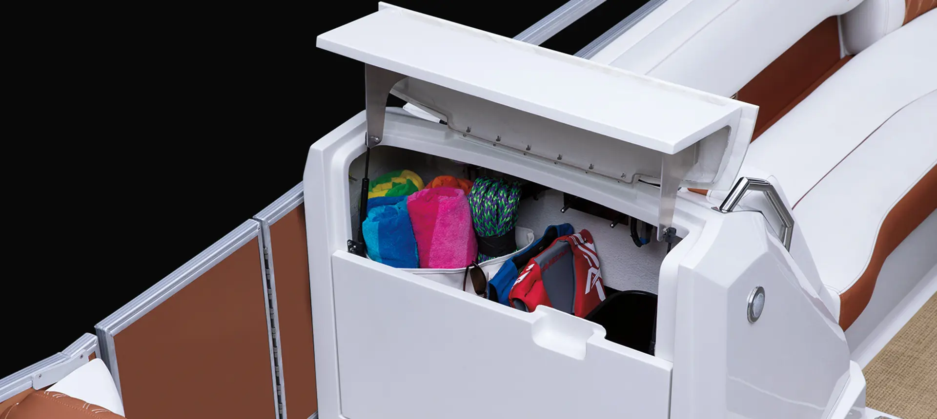 integrated storage on a bennington r bowrider pontoon boat