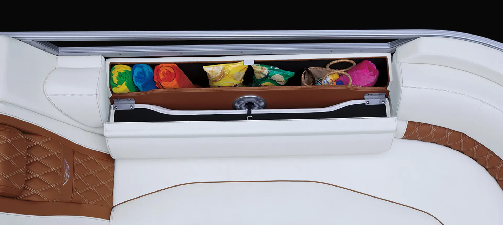 seat back storage options on a bennington r bowrider pontoon boat