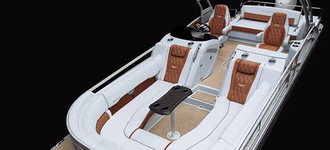 aerial view of bow seating on a Bennington R Bowrider Pontoon Boat with swingback floor plan