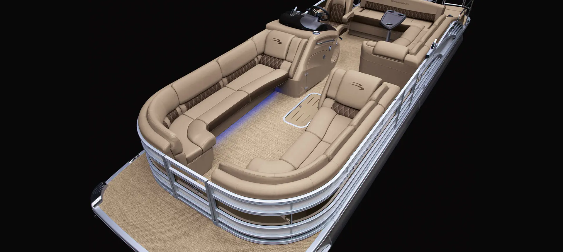aerial view of the bow seating on a Bennington R pontoon with swingback floor plan