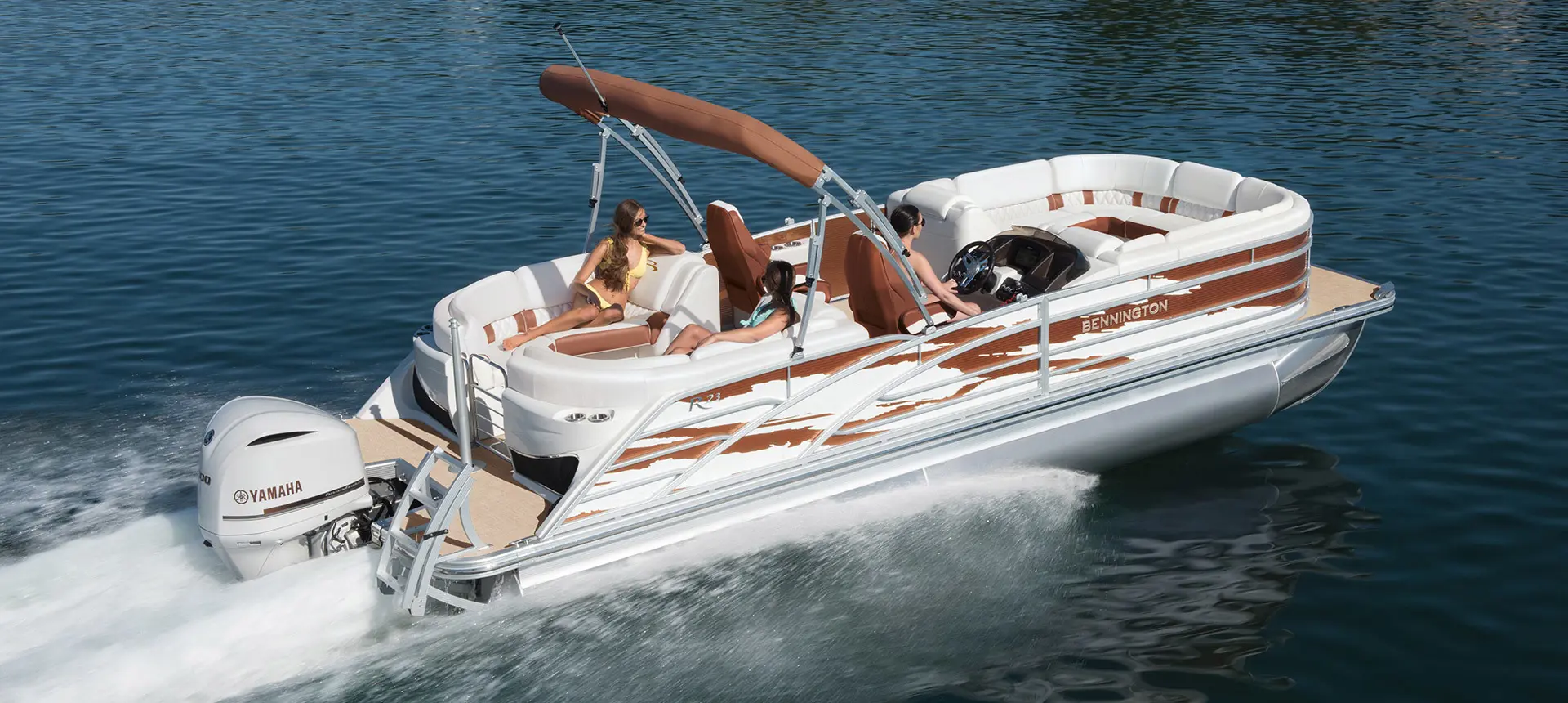 three women cruising on a quad bench floor plan Bennington R pontoon