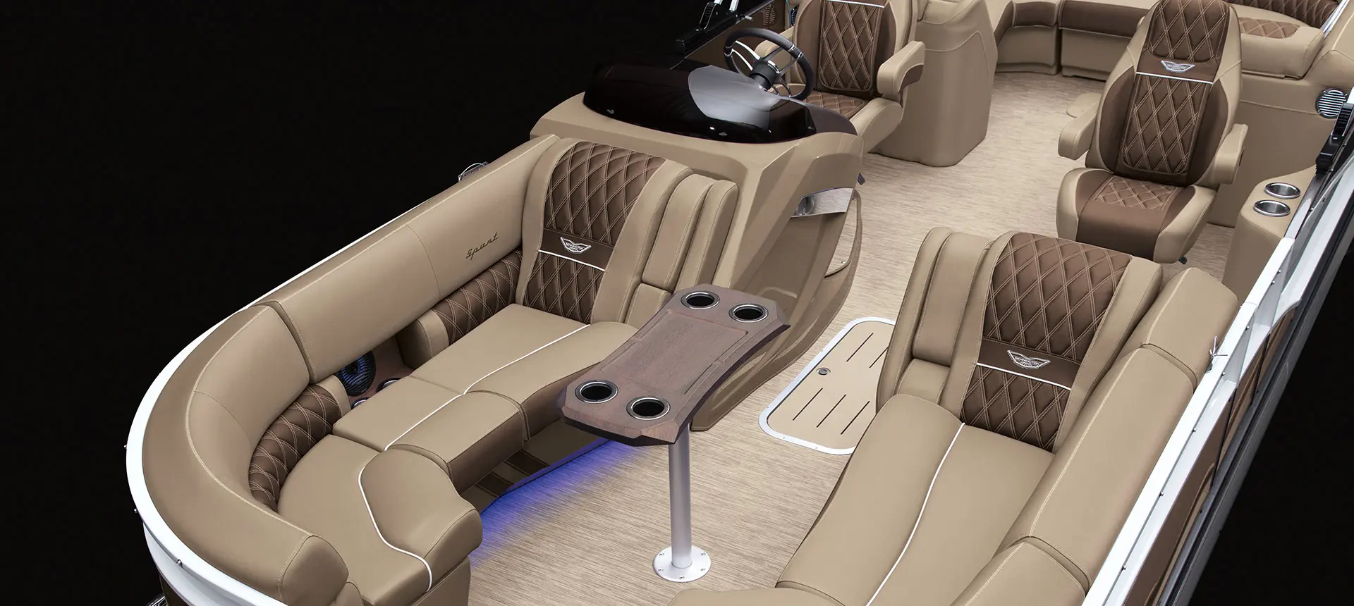 bow seating with table on a bennington rx sport pontoon boat with quad bench floor plan