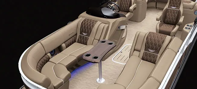 aerial view of a Bennington RX Sport pontoon boat with a quad bench floor plan