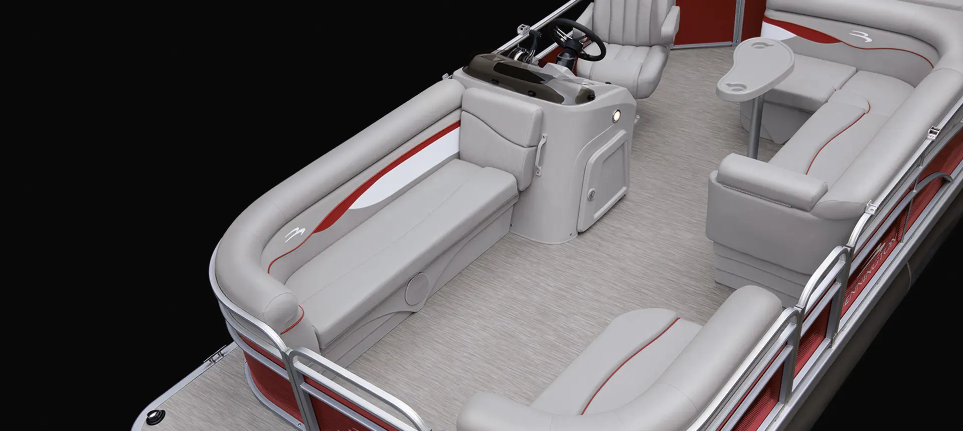aerial view of the bow seating options on a bennington s pontoon boat with l-bench floor plan