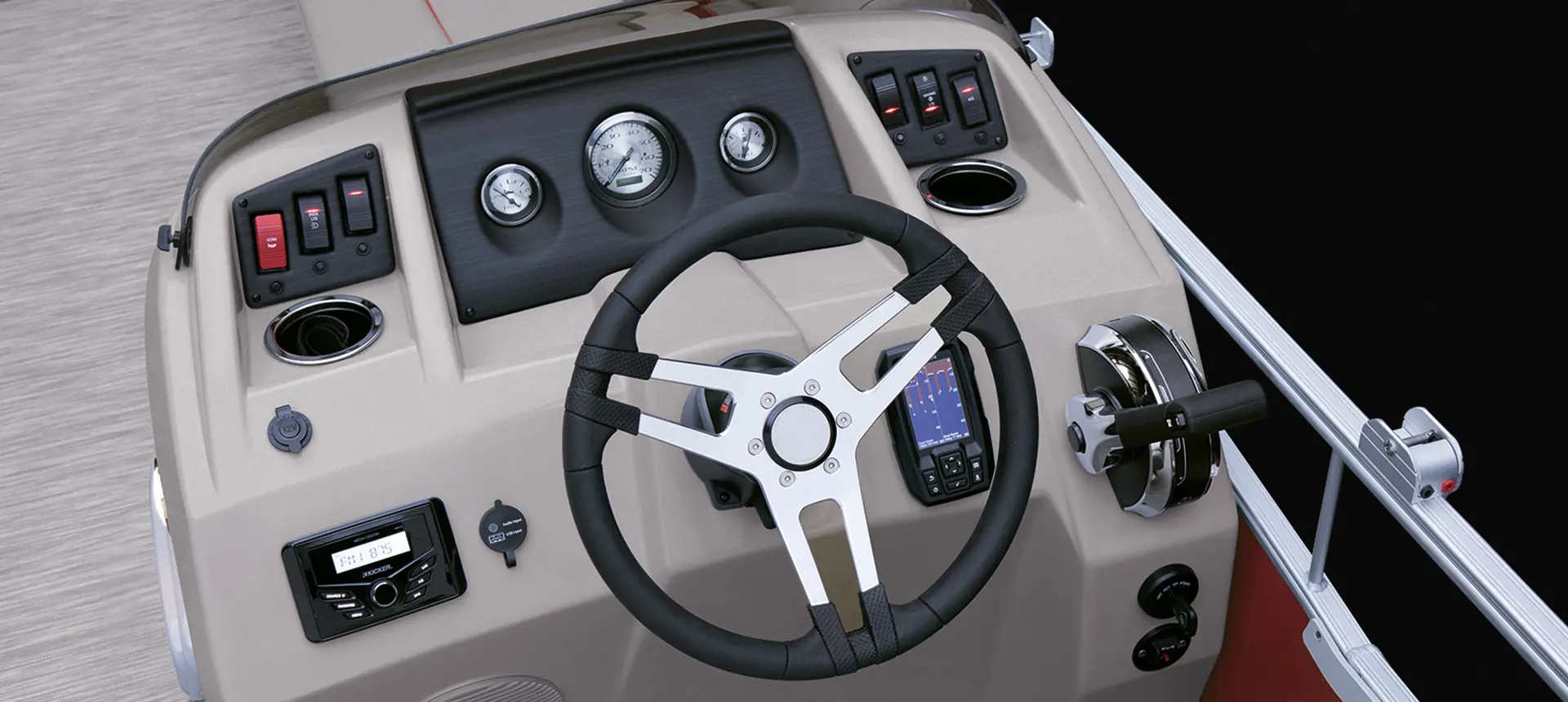 steering console on a Bennington SV pontoon boat