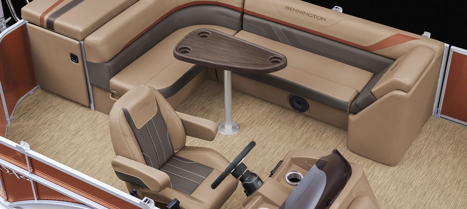 l-bench seat and table on the stern of a bennington sx pontoon boat