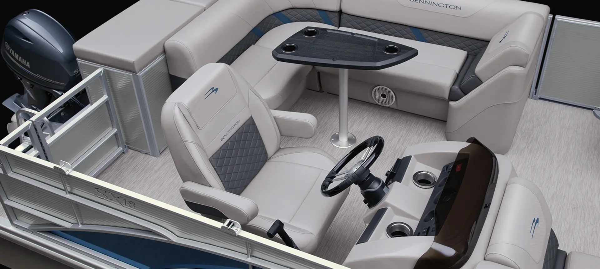 aerial view of a Bennington SX pontoon boat with l-bench floor plan