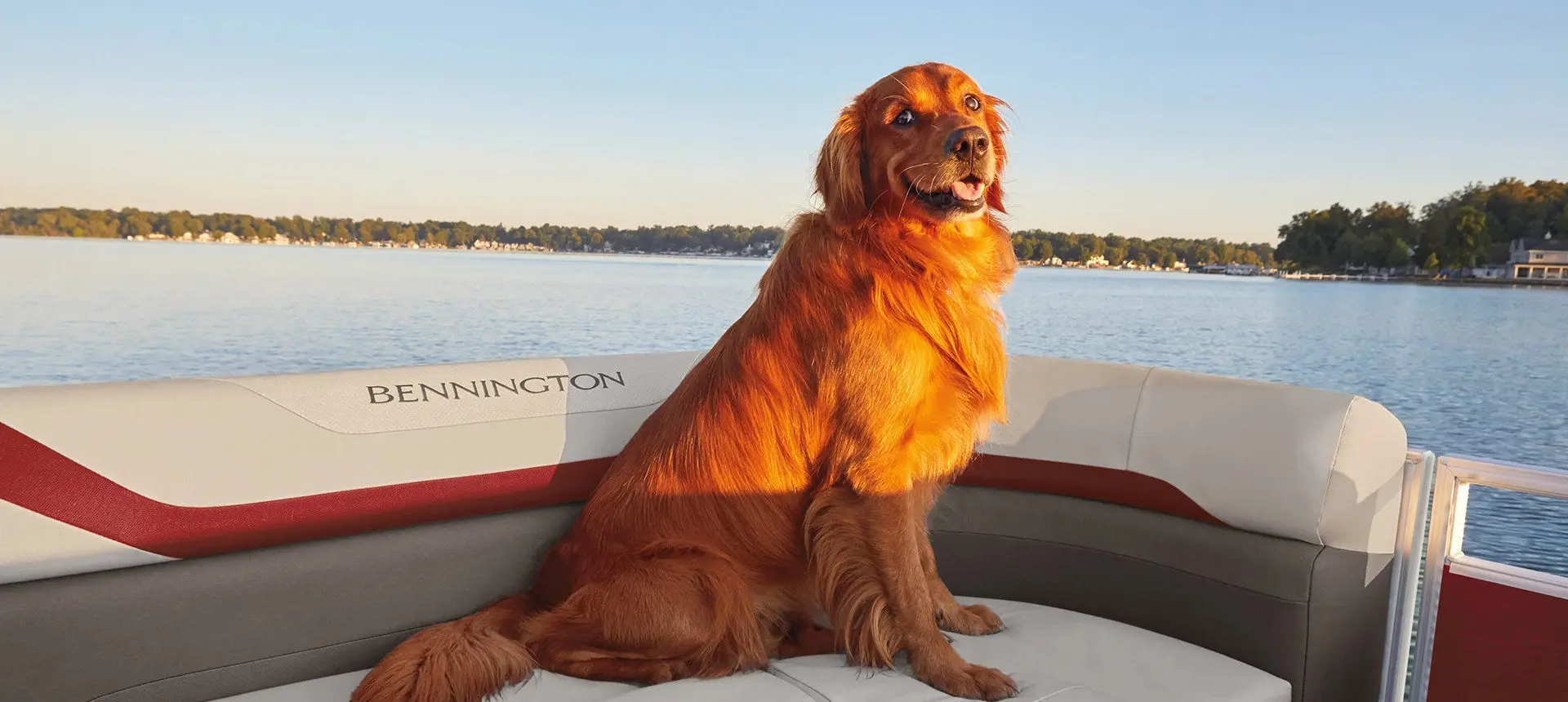 A dog smiling on a Bennington SX pontoon boat