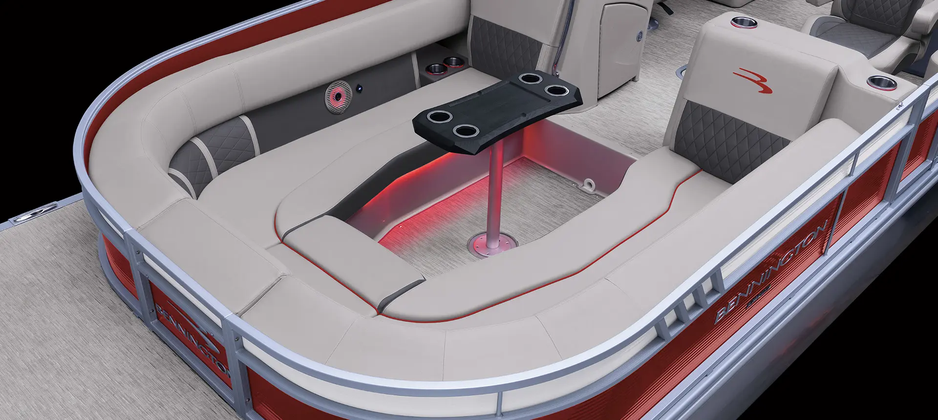 bow seating and table on a bennington l bowrider pontoon boat with quad bench floor plan