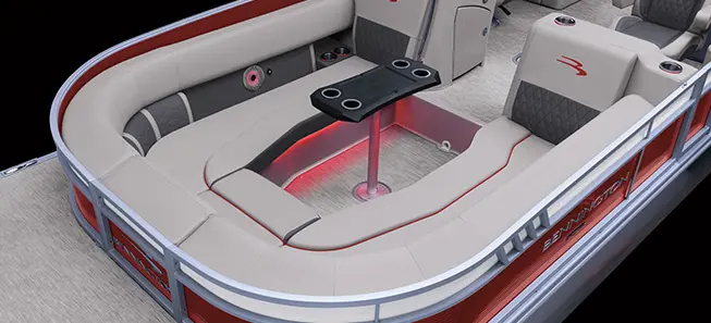 bow seating and table on a bennington l bowrider pontoon boat with quad bench floor plan