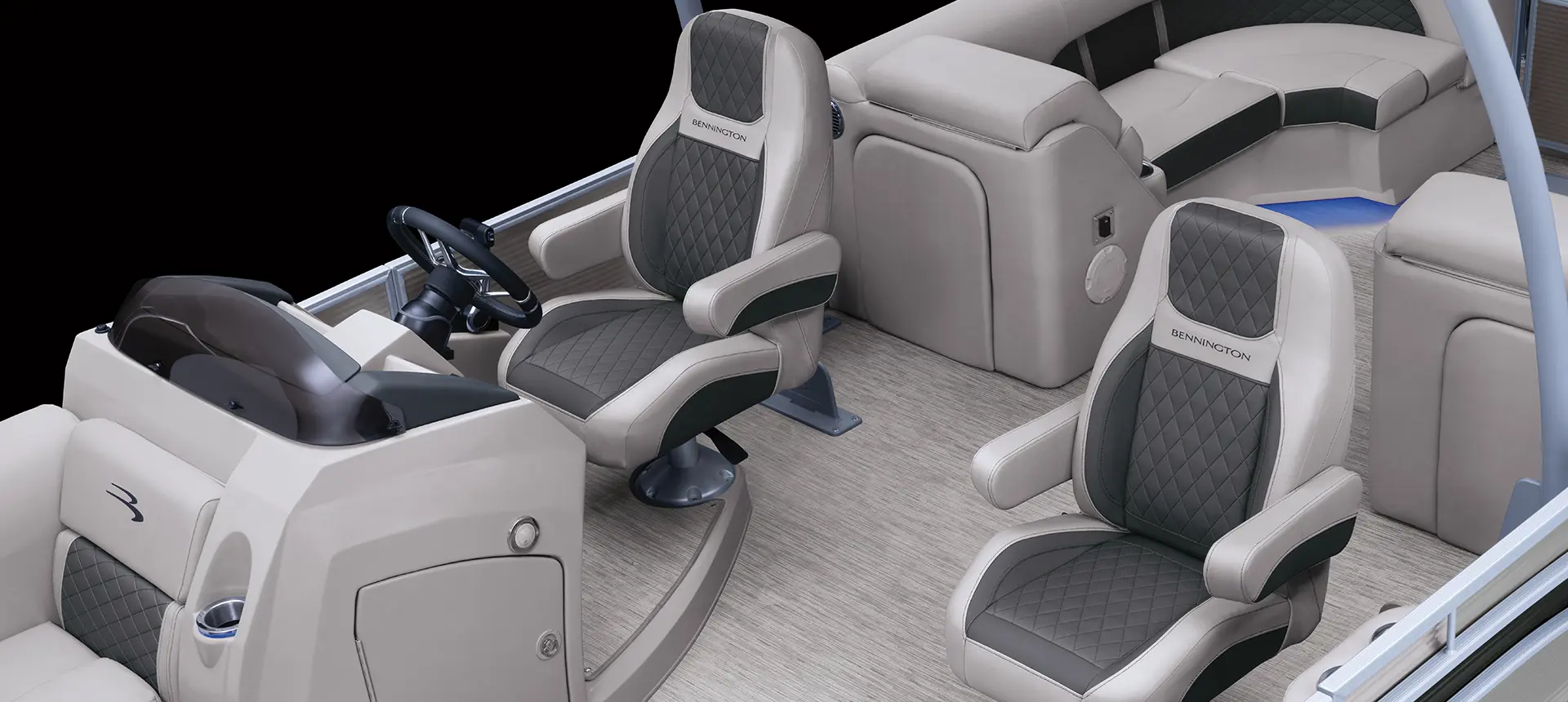 co-captain's chairs on a bennington l pontoon boat with quad bench floor plan