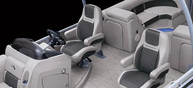 co-captain's chairs on a bennington l pontoon boat with quad bench floor plan