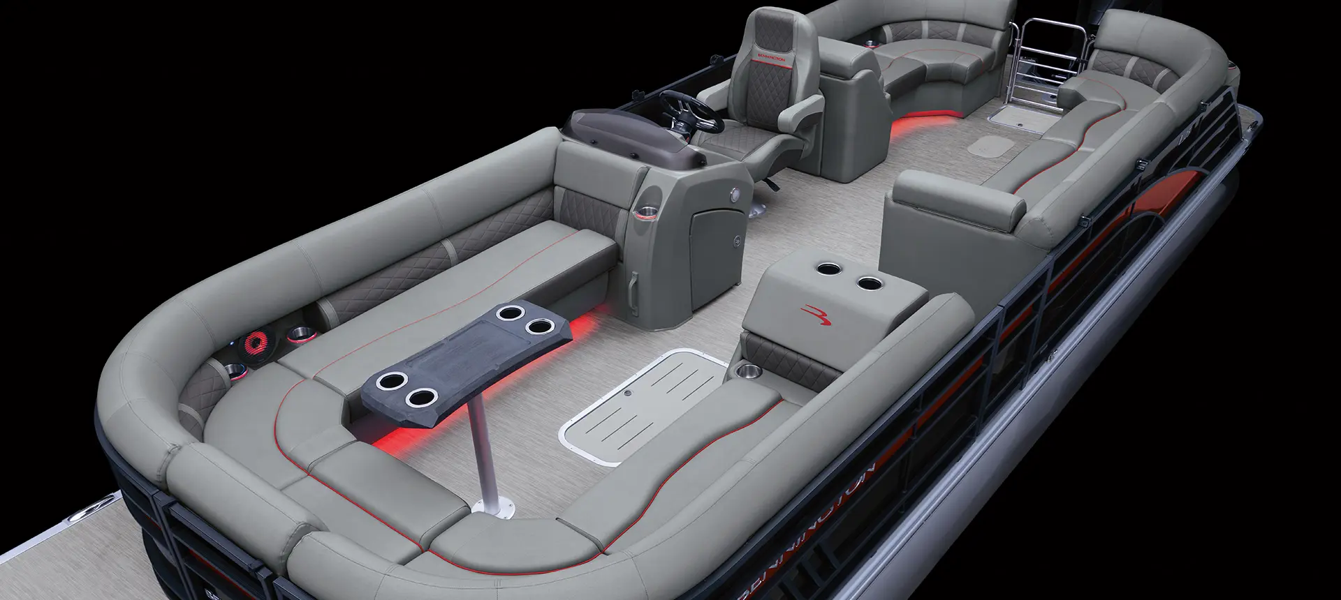 aerial view of a bennington l pontoon boat with quad bench floor plan