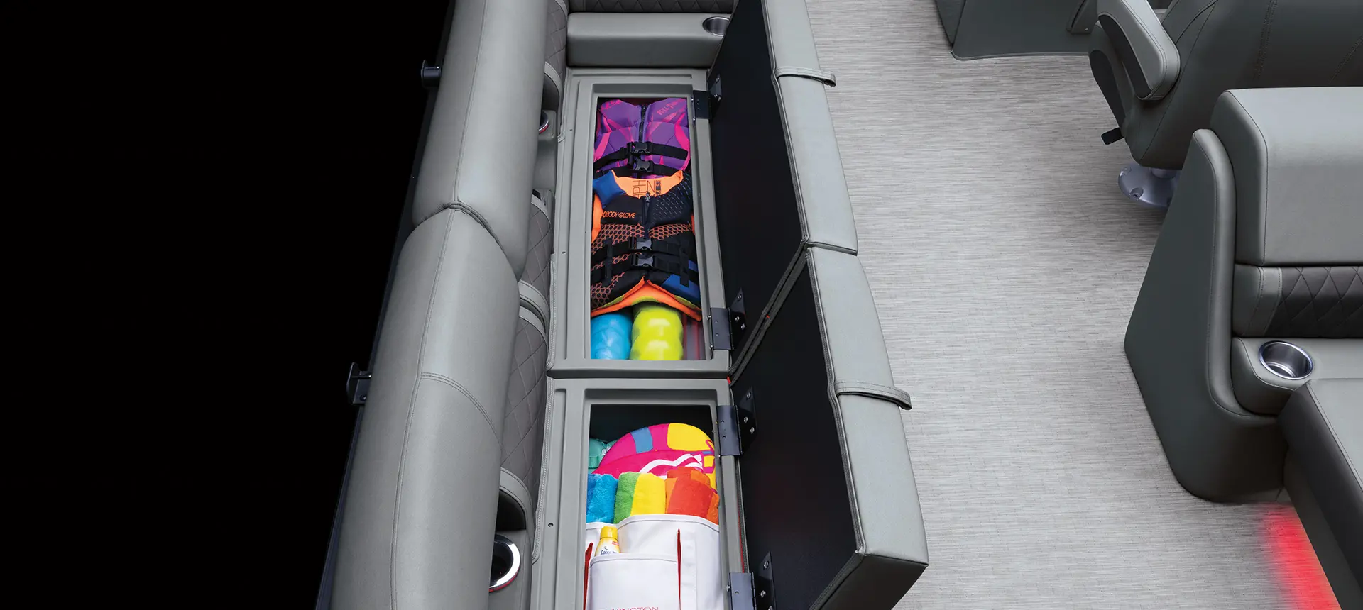 integrated in-seat storage on a bennington l pontoon boat
