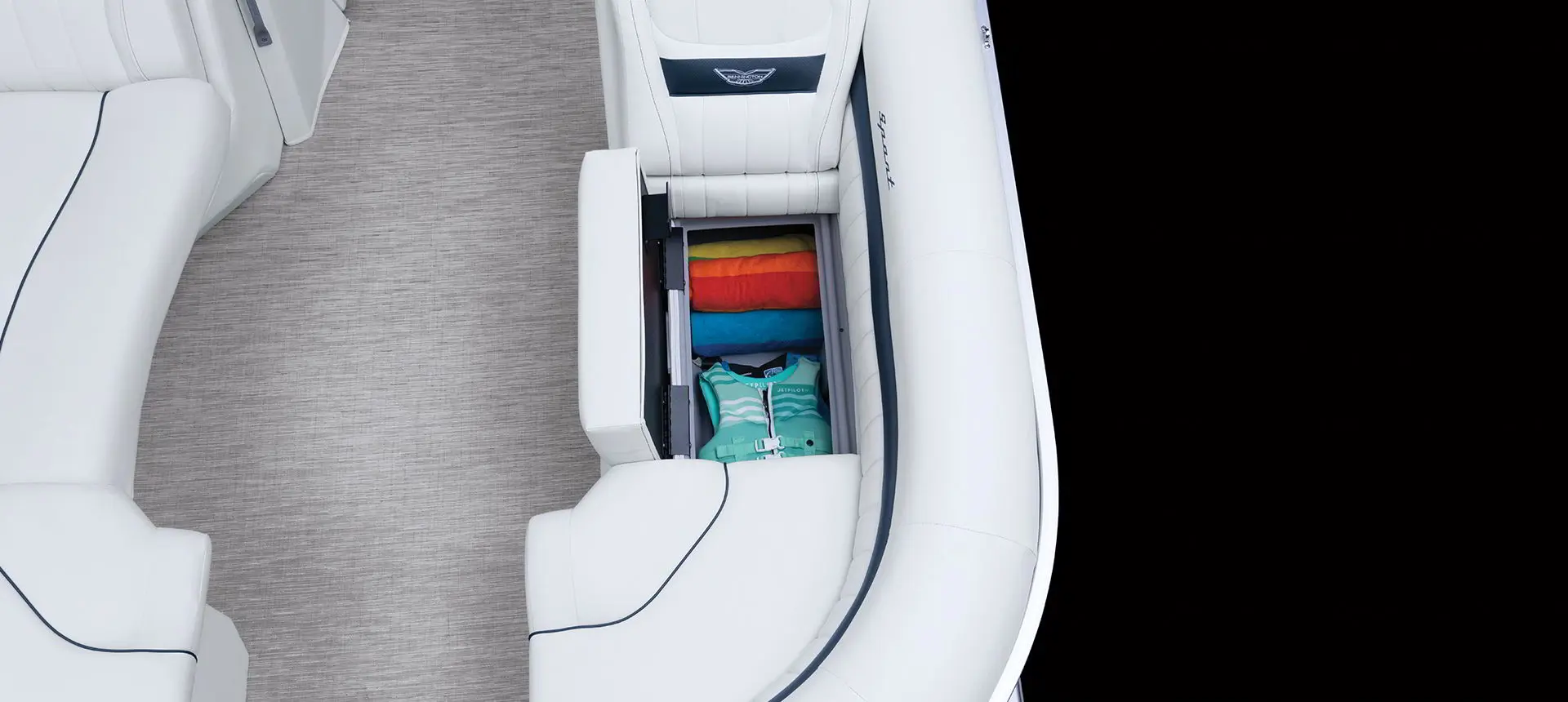 aerial view of the in-seat storage on a bennington LX sport pontoon boat