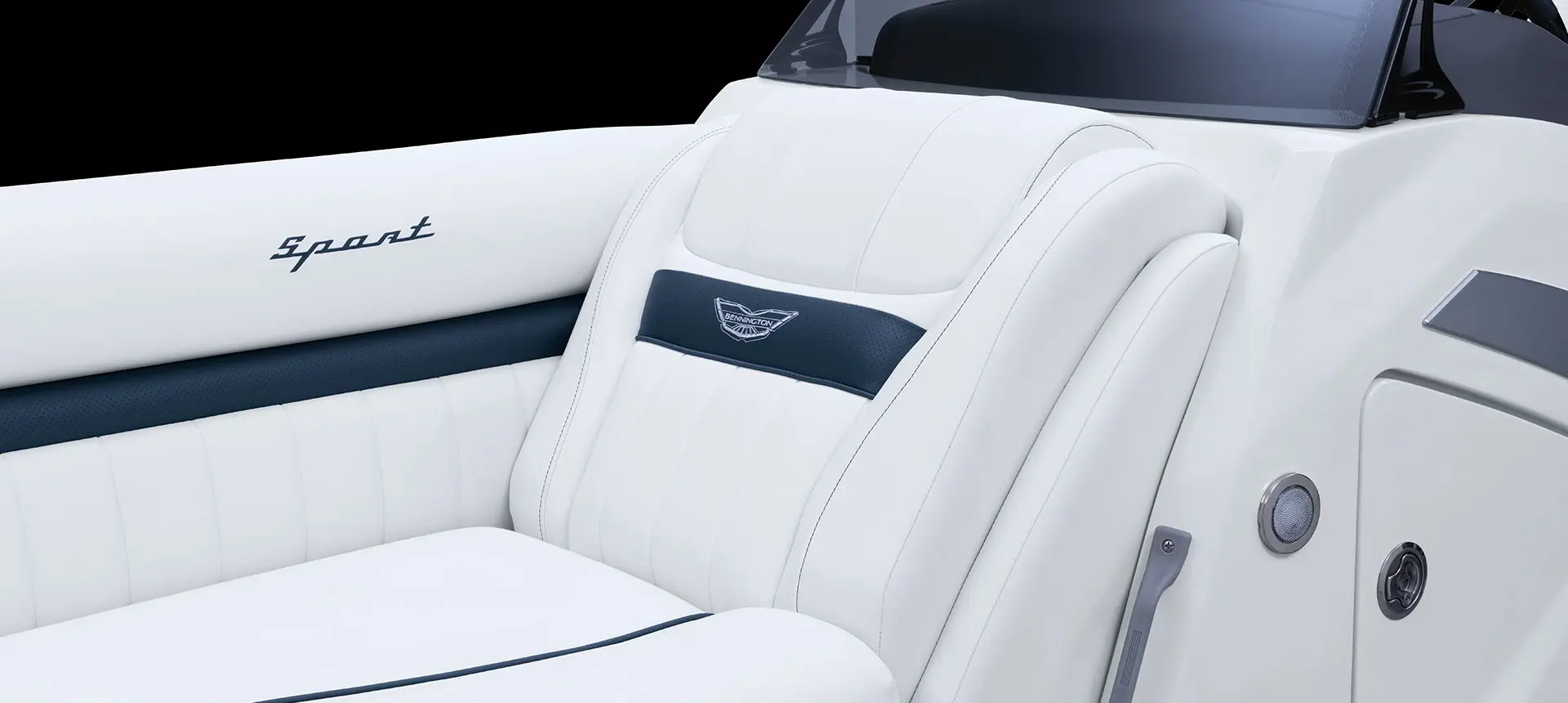 bennington logo on the bow seating on a bennington LX sport pontoon boat