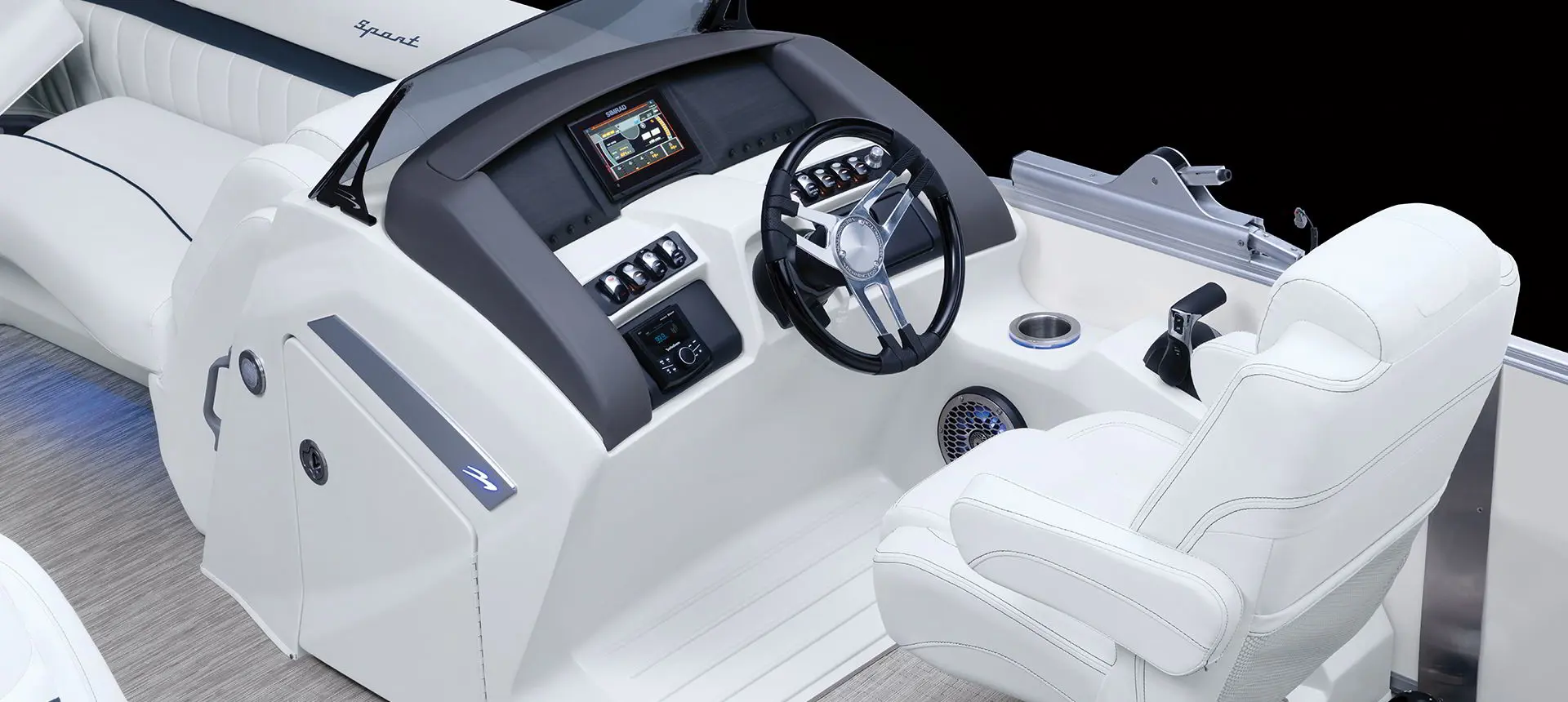the helm and captain's chair on a bennington LX sport pontoon boat