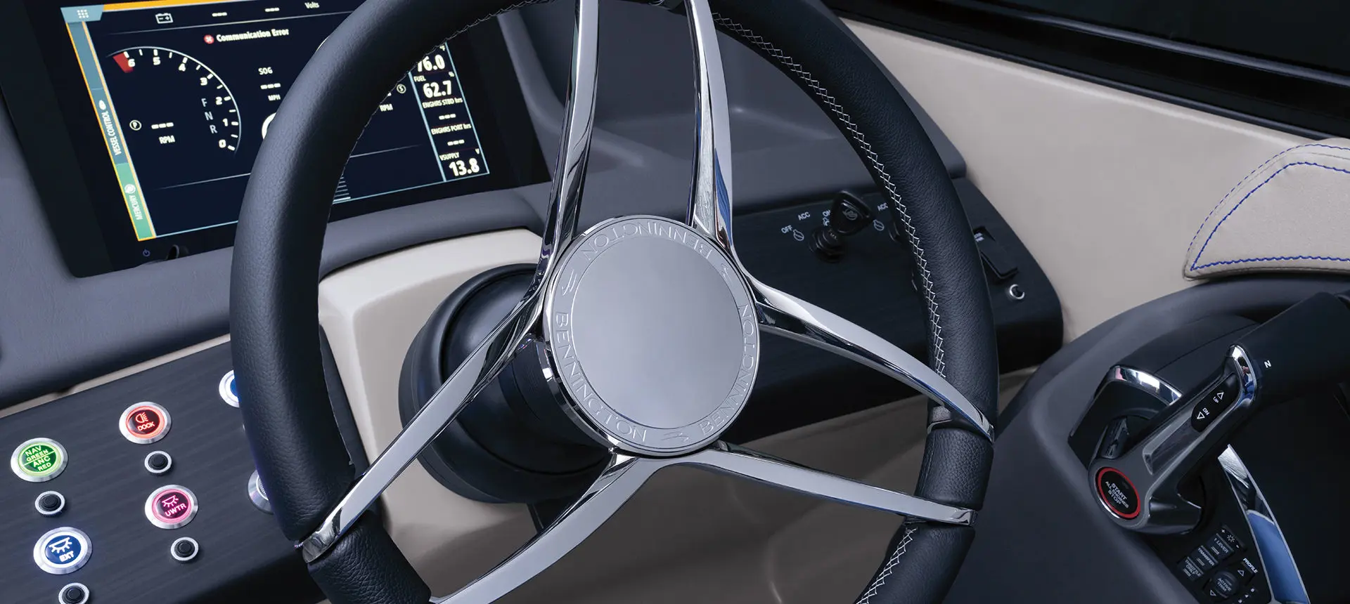 closeup of the steering wheel on a bennington q pontoon boat