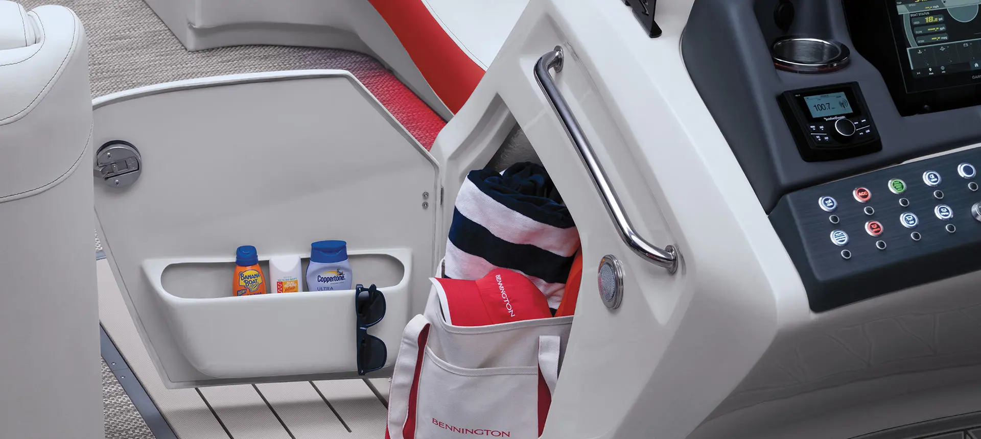 storage under the helm on a bennington q pontoon boat
