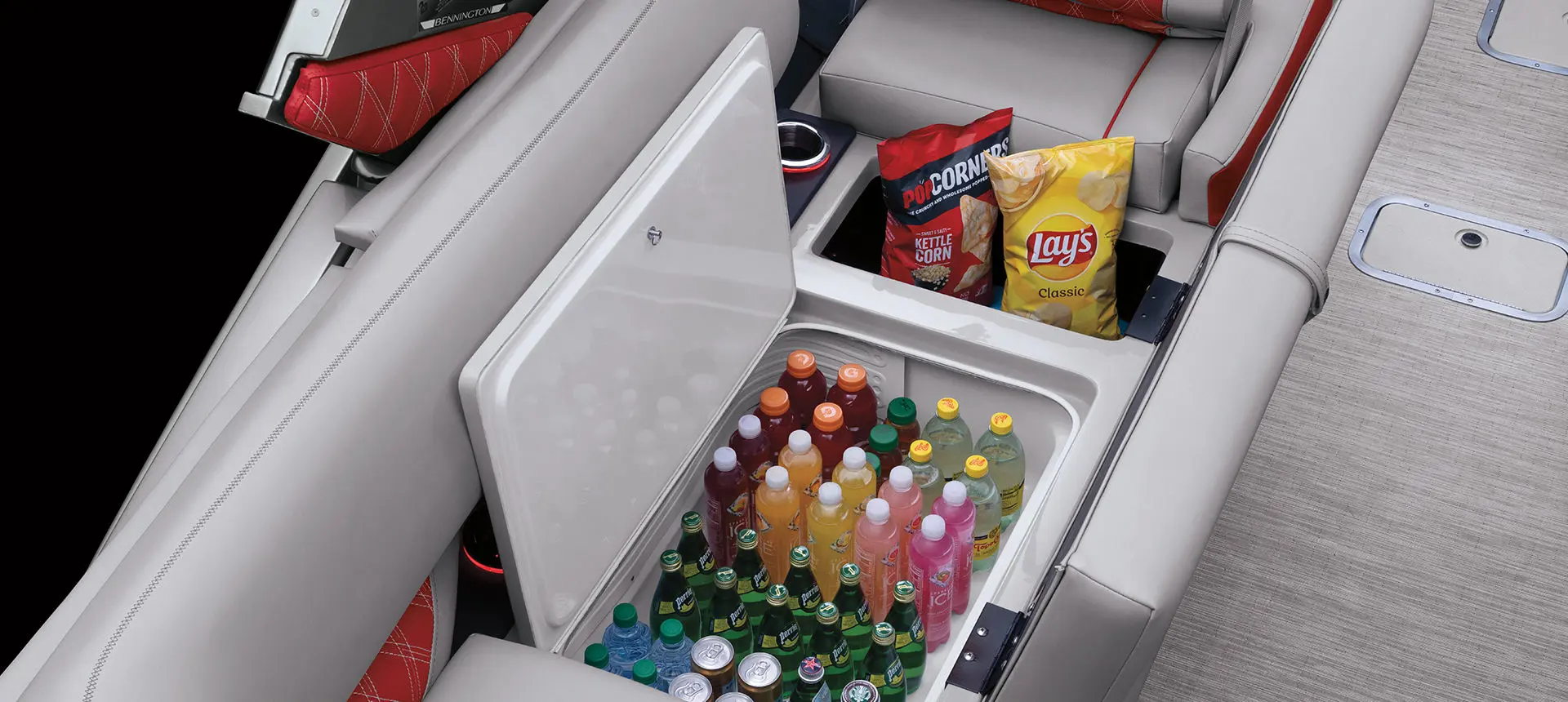 in-seat cooler & storage on a bennington qx sport pontoon boat