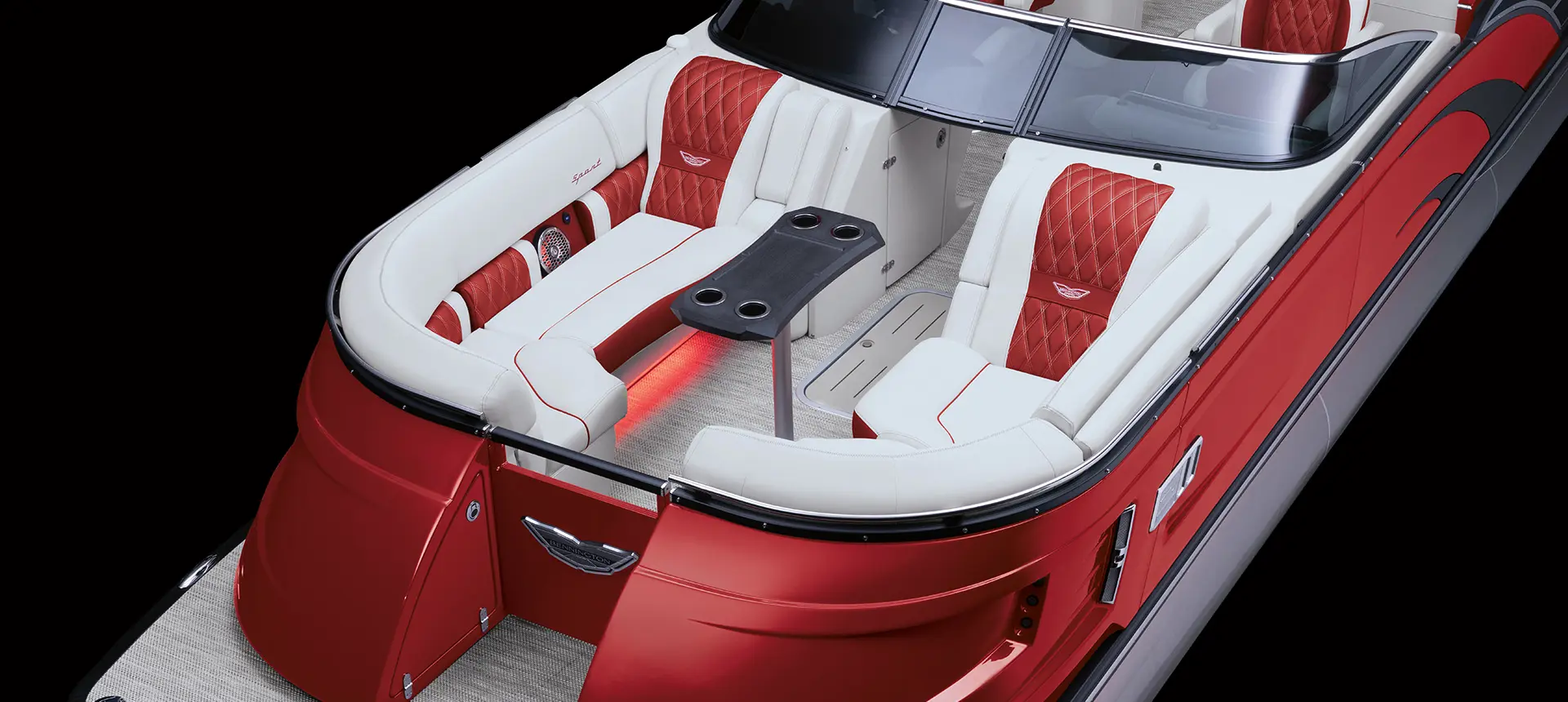aerial view of the bow seating on a integrated storage on a Bennington QX pontoon boat