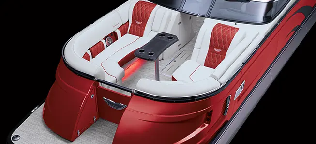 aerial view of the bow seating on a integrated storage on a Bennington QX pontoon boat