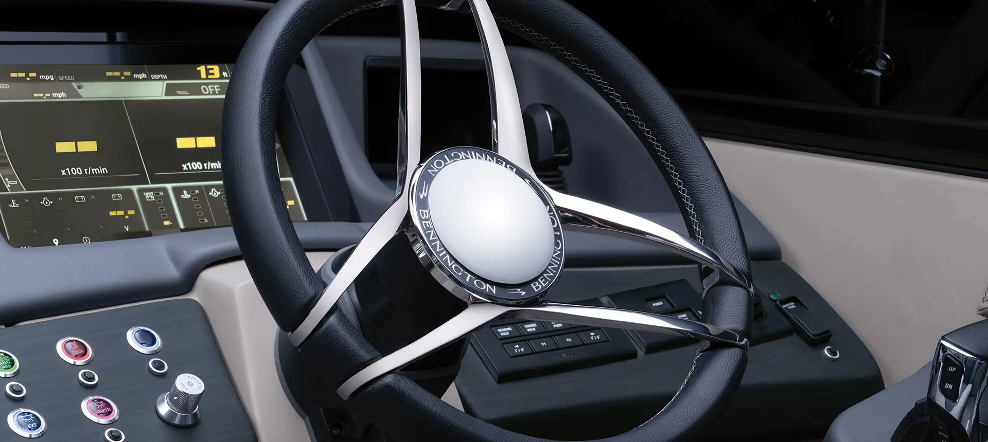 steering wheel at the helm of a Bennington QX pontoon boat