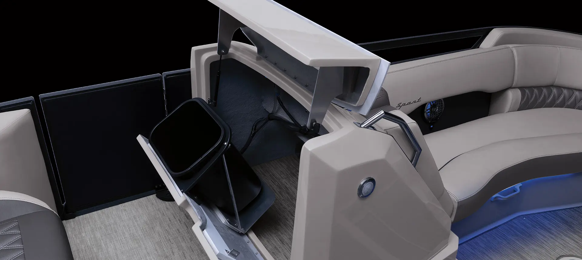 integrated trash can on a bennington r bowrider pontoon boat