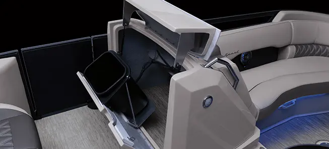 integrated trash can on a bennington r bowrider pontoon boat