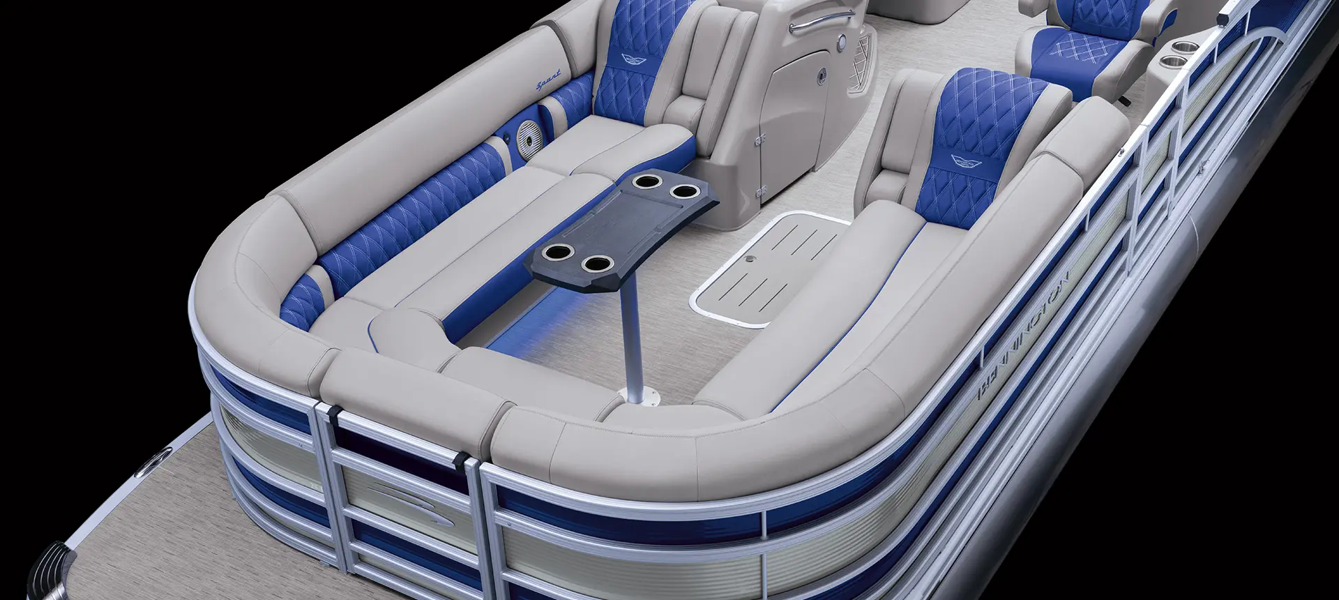 aerial view of the bow seating and table on a Bennington R pontoon