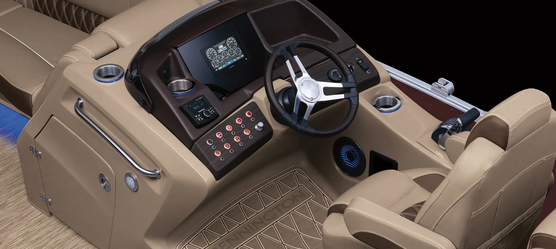 aerial view of the captain's chair and the helm on a Bennington R pontoon