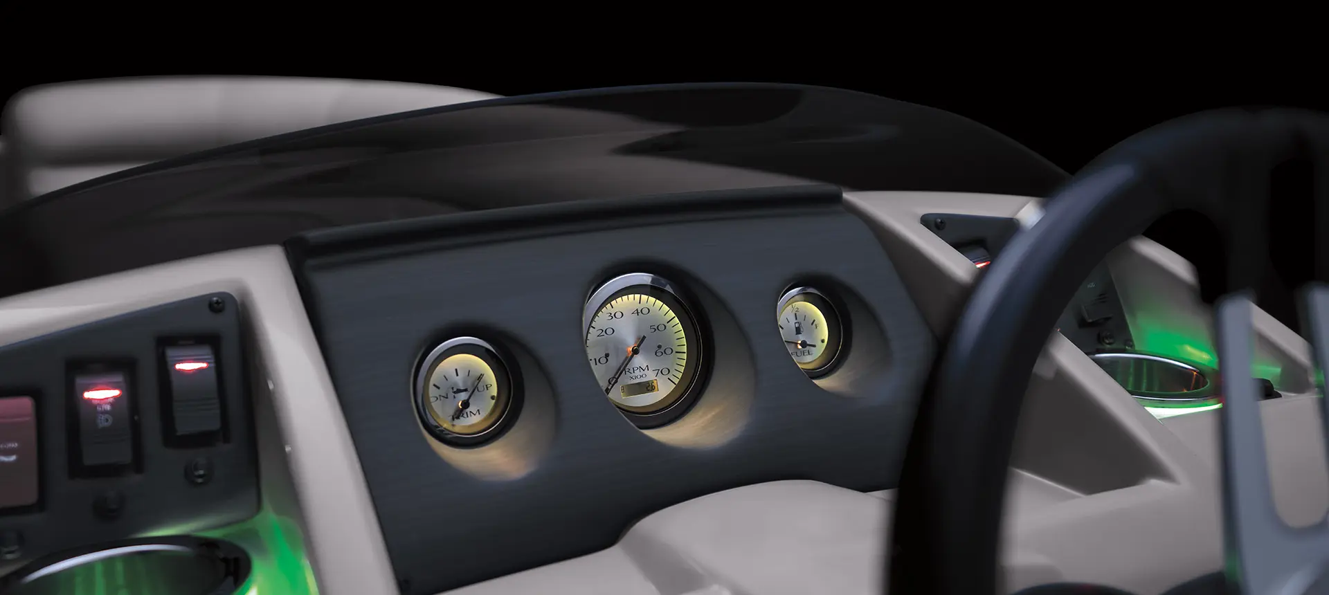 close up of the gauges on the dashboard of a Bennington S pontoon boat