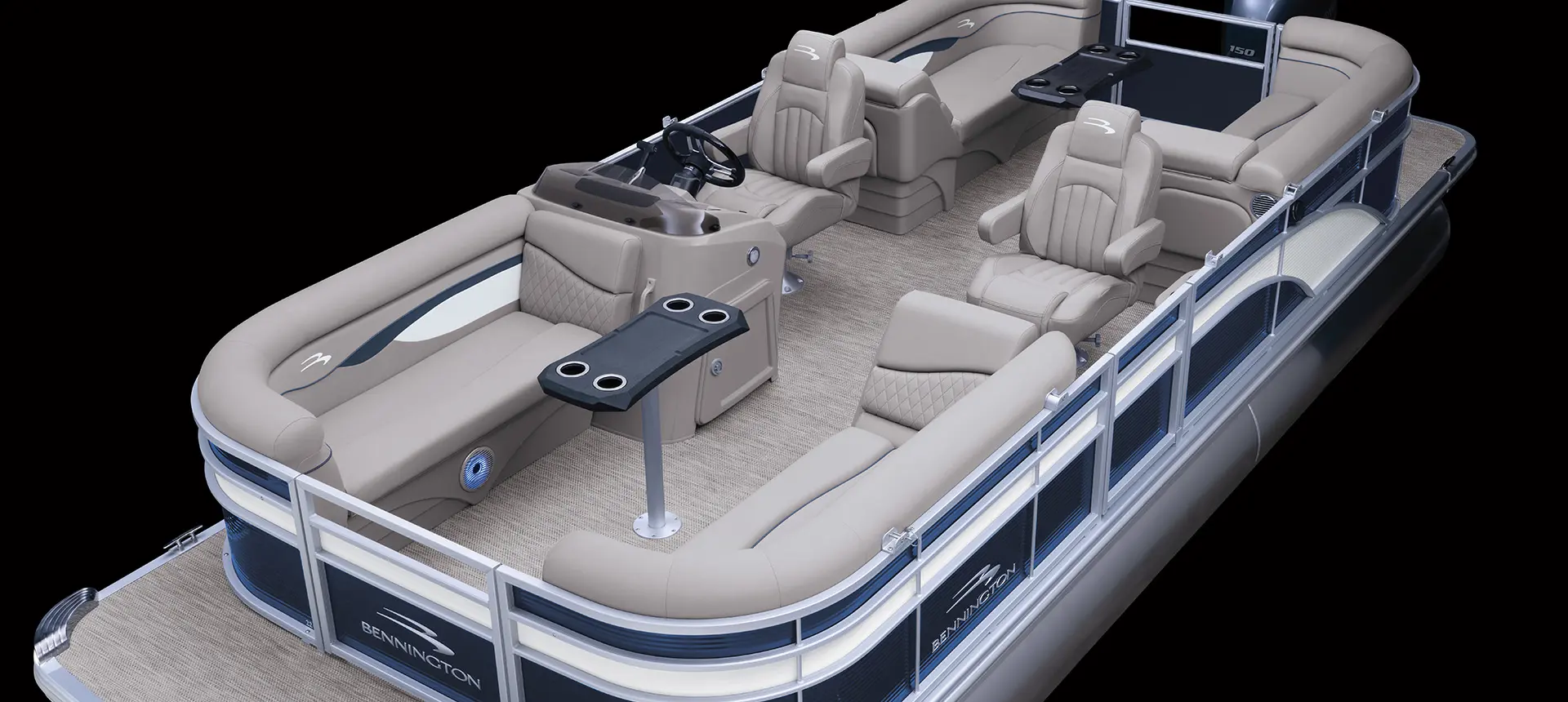 aerial view of a bennington s pontoon boat with quad bench floor layout