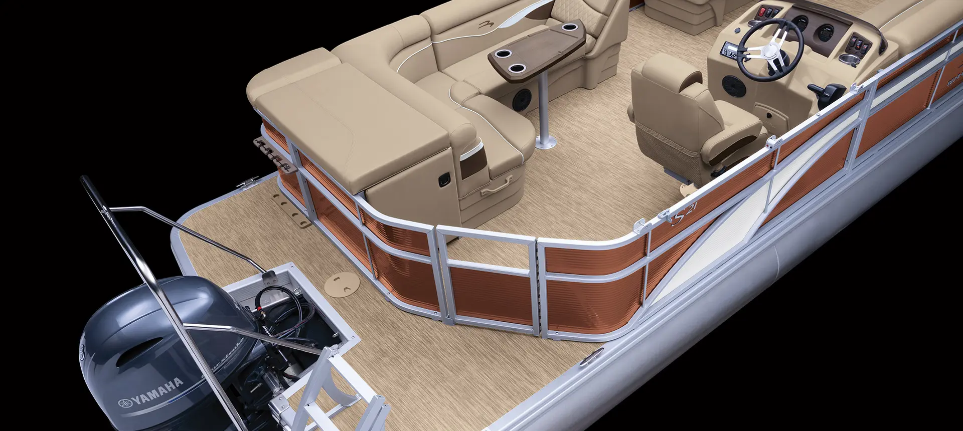 stern gate and engine on a bennington s pontoon boat with l-bench layout