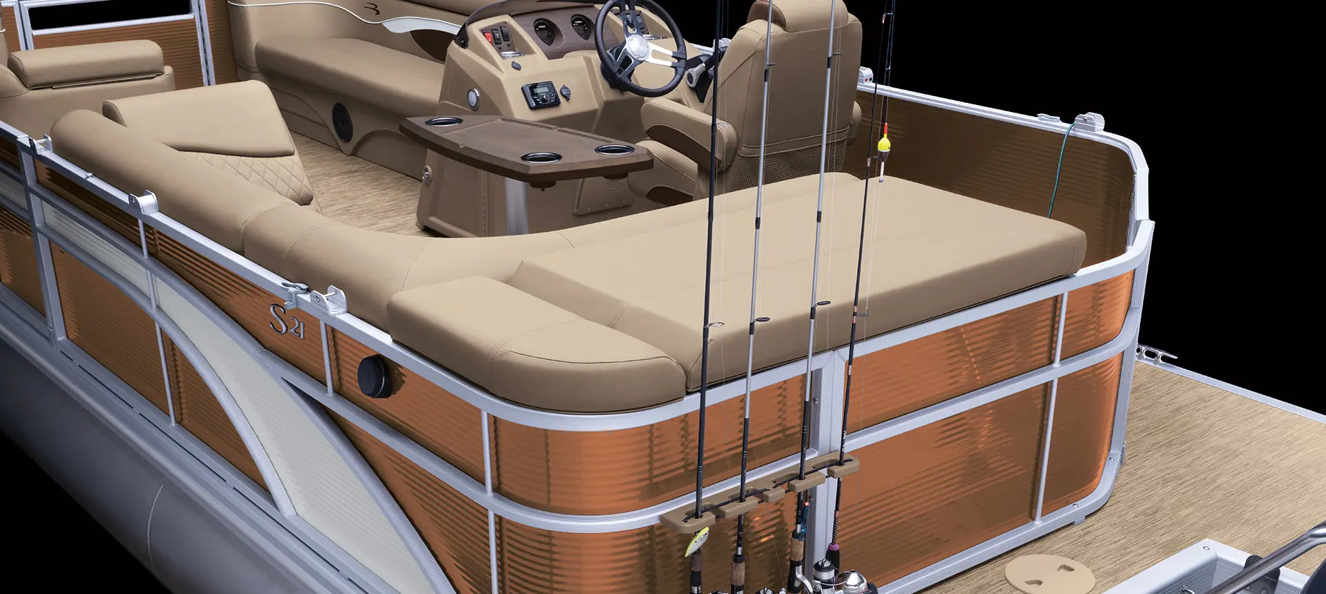 fishing rod holders on the stern of a bennington s pontoon boat
