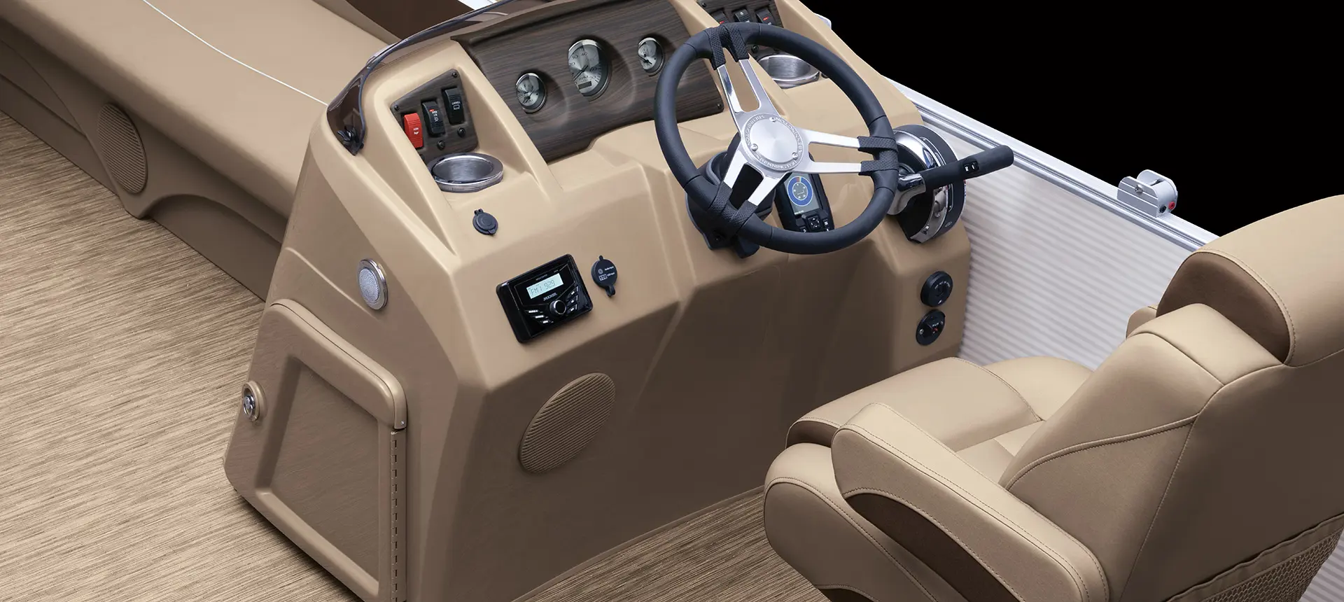 closeup of the helm and captain's chair on a bennington s pontoon boat