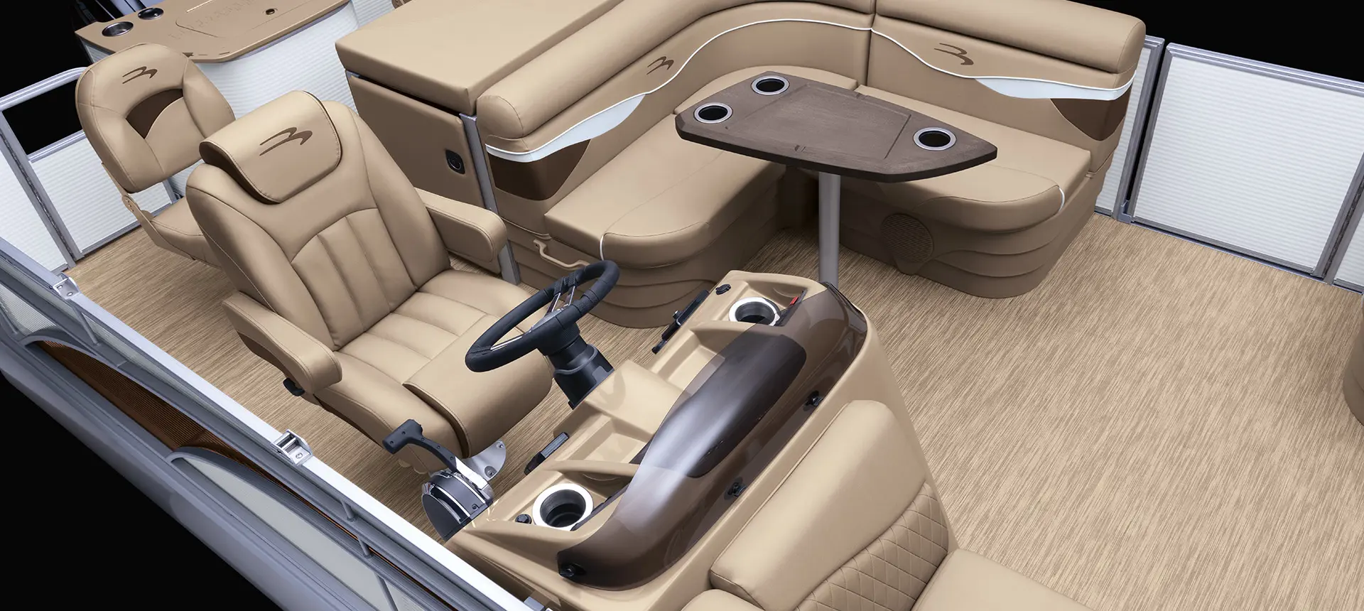 aerial view of the helm, captain's chair and seating options on a bennington s pontoon boat with fishing layout
