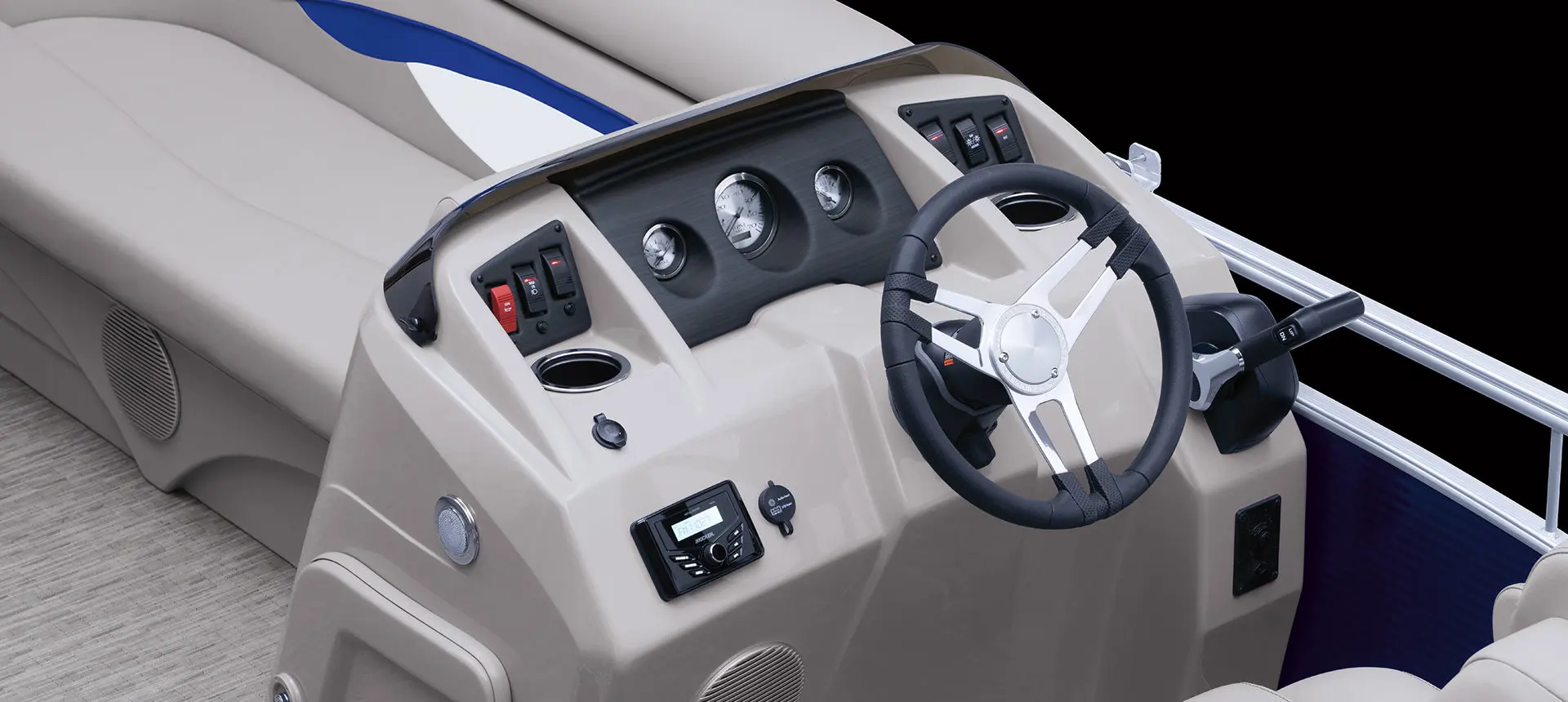 steering wheel and gauges on the helm of a Bennington SV pontoon boat