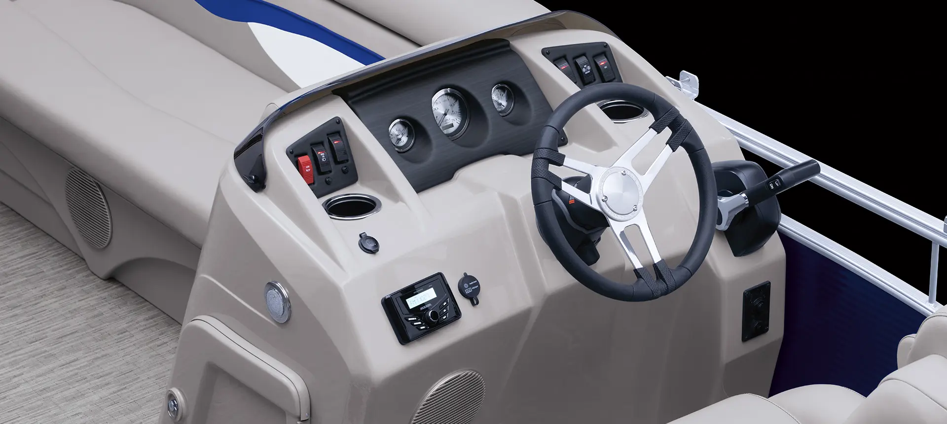 steering wheel and gauges on the helm of a Bennington SV pontoon boat