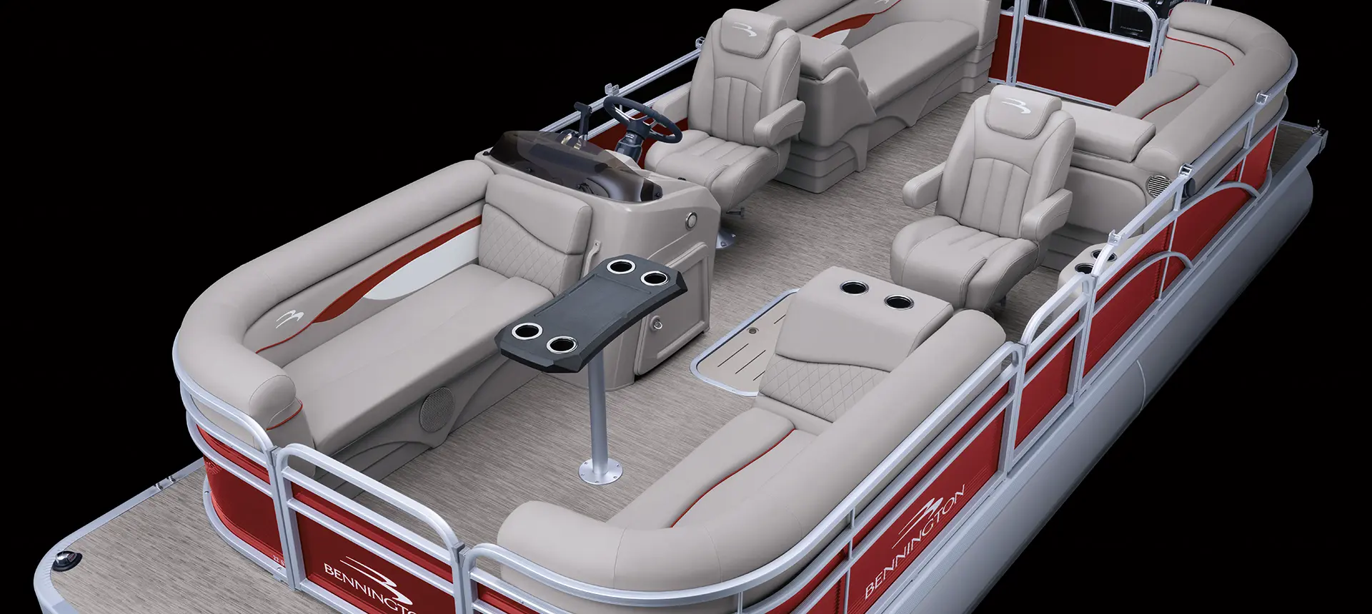 Bennington SV pontoon boat with quad bench floor plan