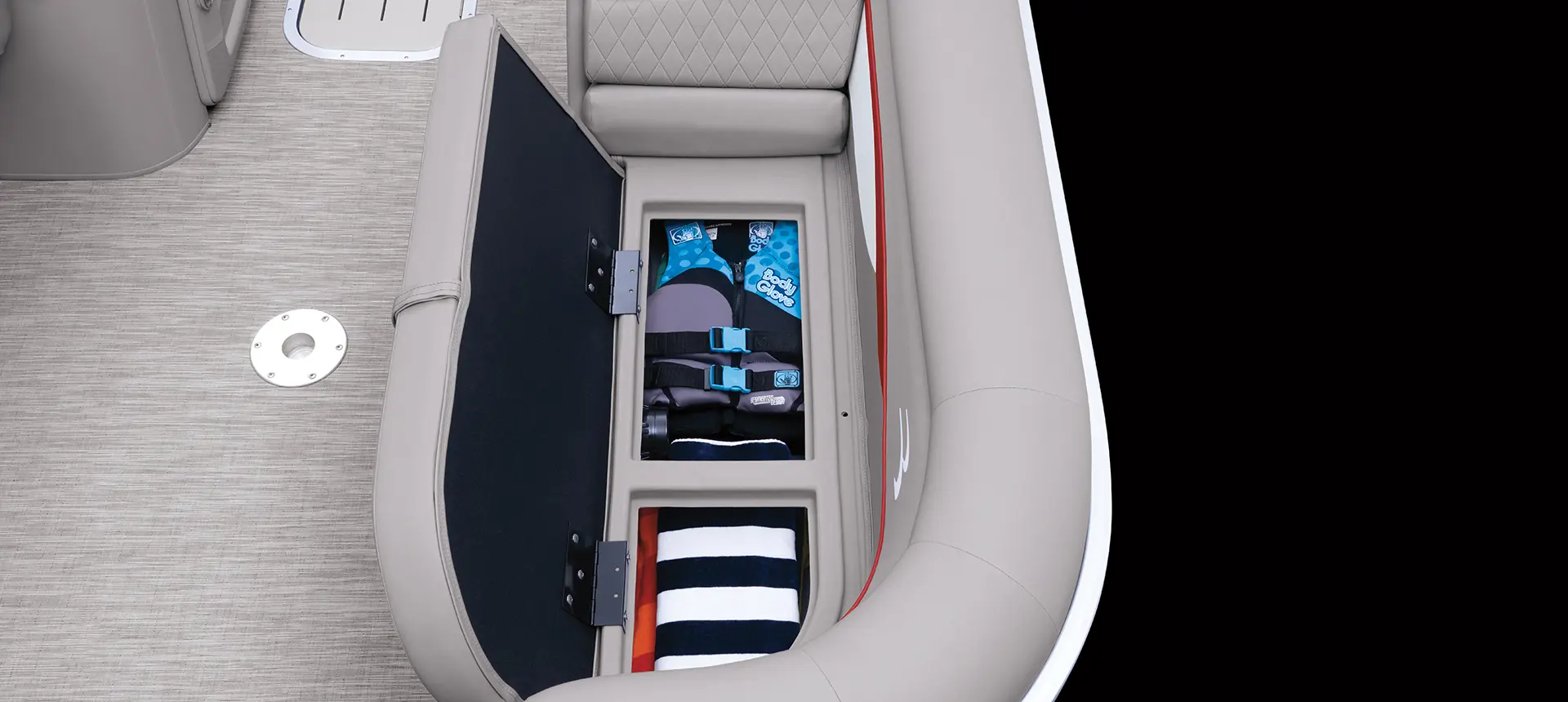 in-seat storage on a Bennington SV pontoon boat