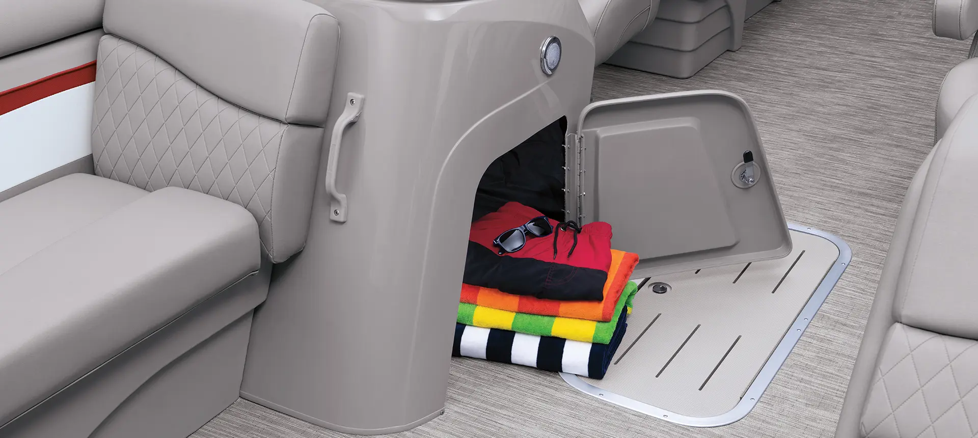 storage under the helm of a Bennington SV pontoon boat