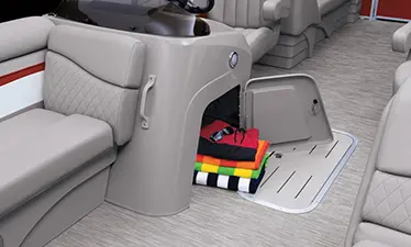 storage under the helm of a Bennington SV pontoon boat