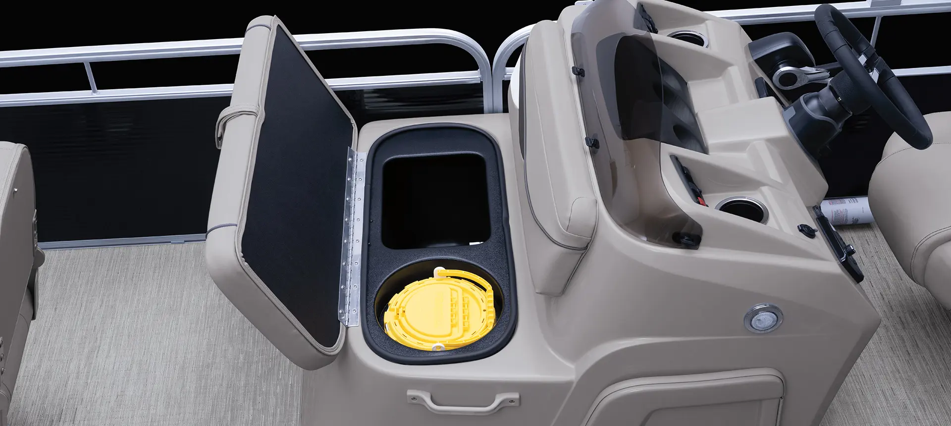 in-seat tackle and bait storage on a Bennington SV pontoon boat with fishing floor plan