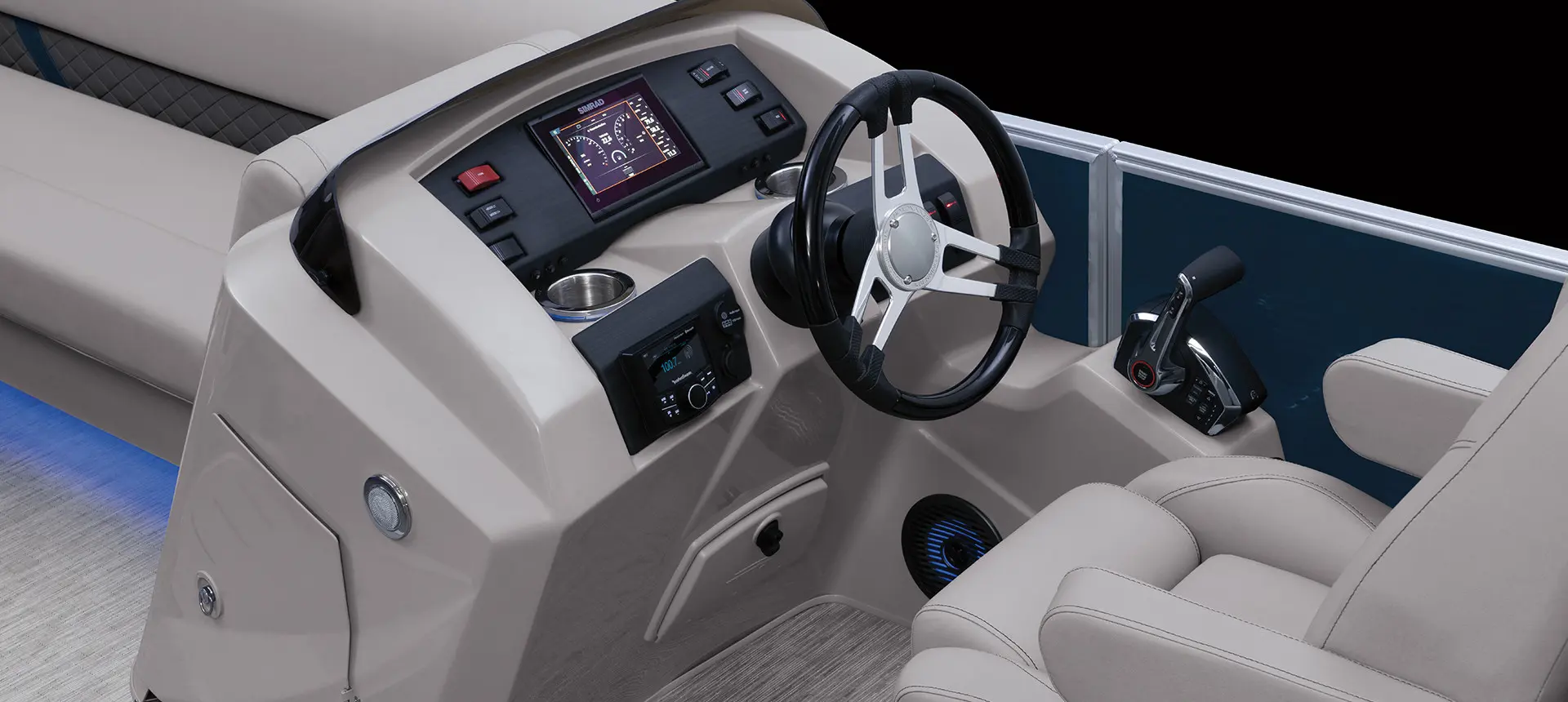 steering wheel and captain's chair at the helm of a bennington sx pontoon boat